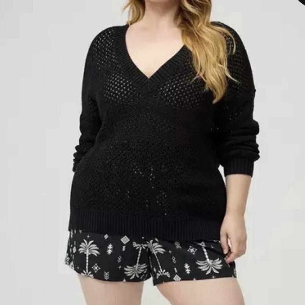Torrid Open Knit Sweater Plus Size 3 X Black V Neck Long Sleeve Breathable